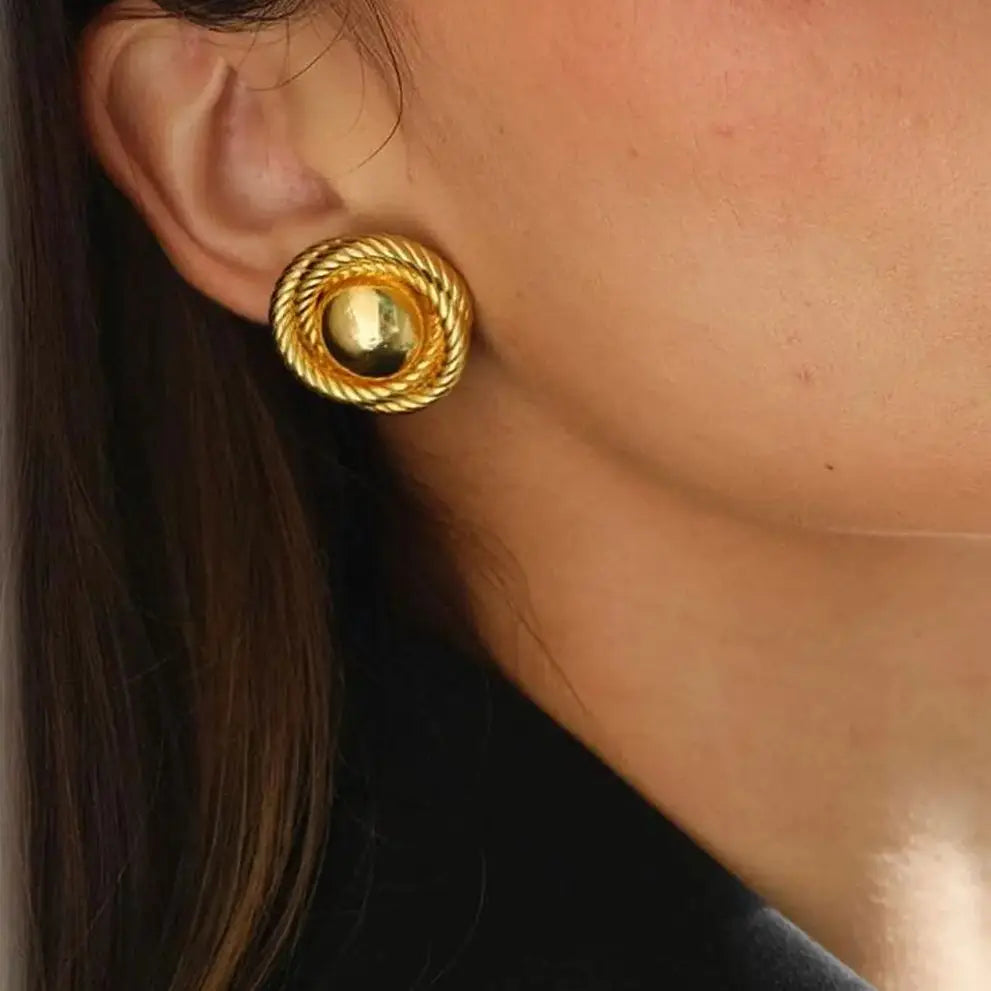 Hemasa 18k Gold Color Stainless Steel Thread Texture Tound Earrings