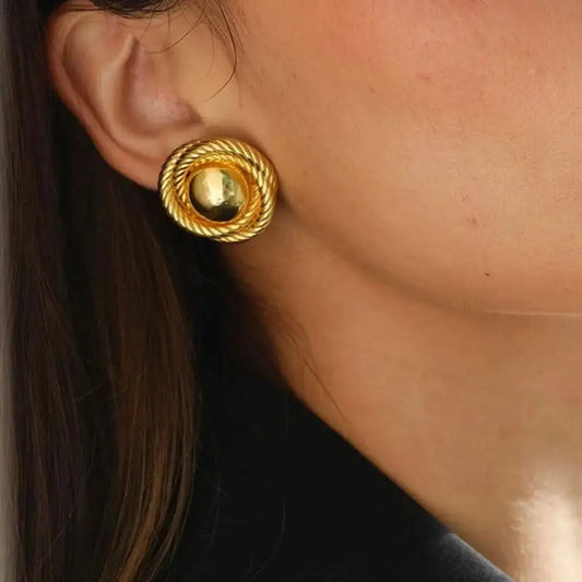 Hemasa 18k Gold Color Stainless Steel Thread Texture Tound Earrings