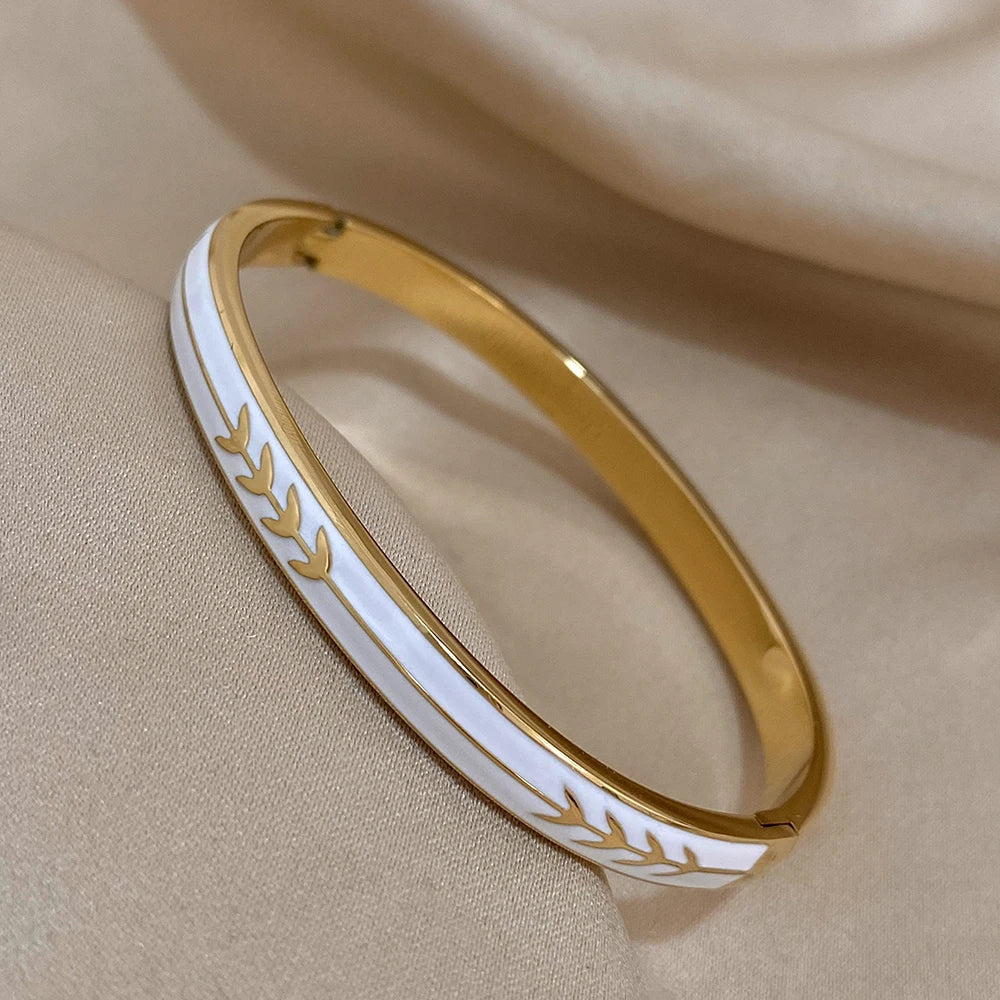 Fashion Enamel Painted Leaf Stainless Steel Bangle Women Vintage Wheat Arrow Ornament Cuff Bracelets Waterproof Golden Wristband