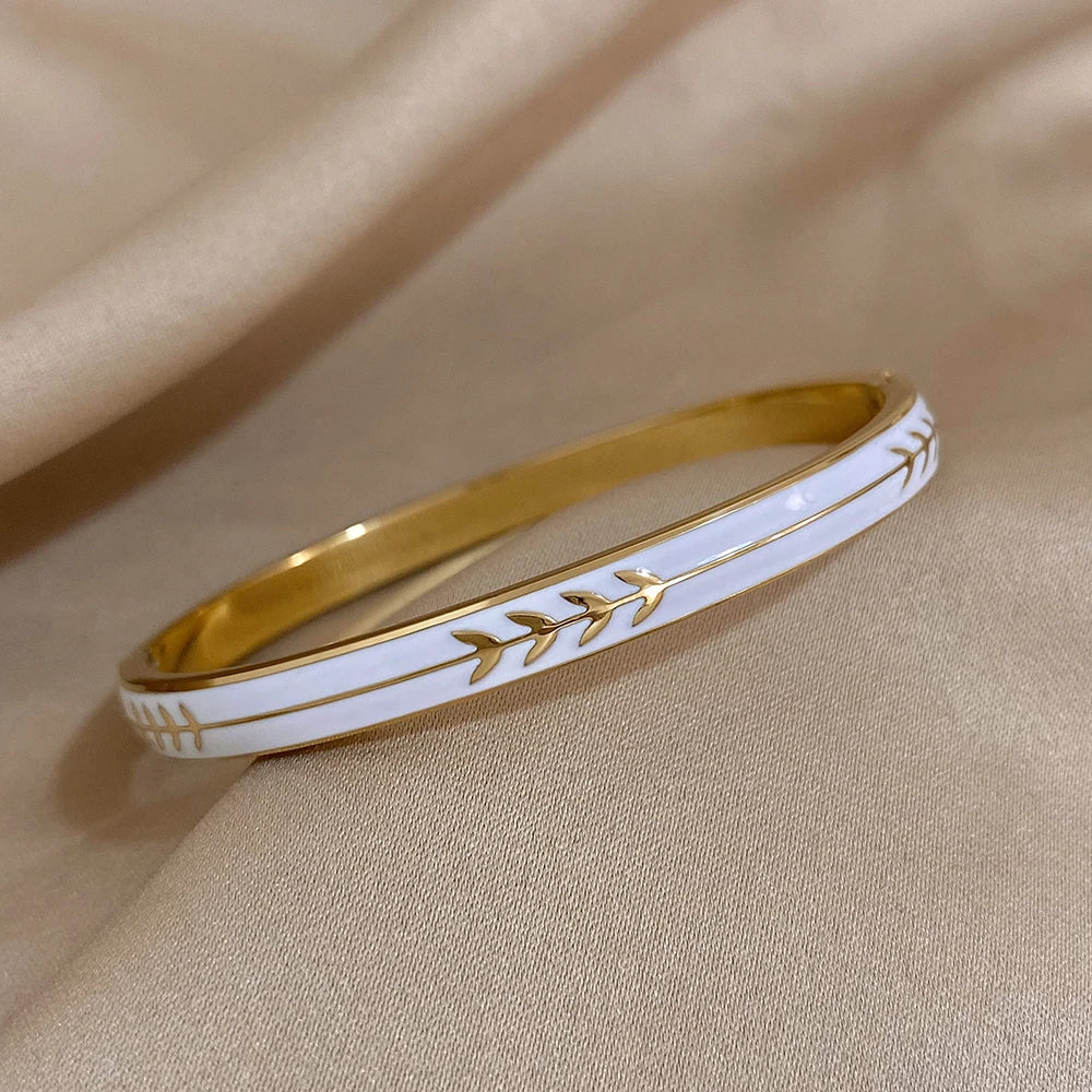 Fashion Enamel Painted Leaf Stainless Steel Bangle Women Vintage Wheat Arrow Ornament Cuff Bracelets Waterproof Golden Wristband