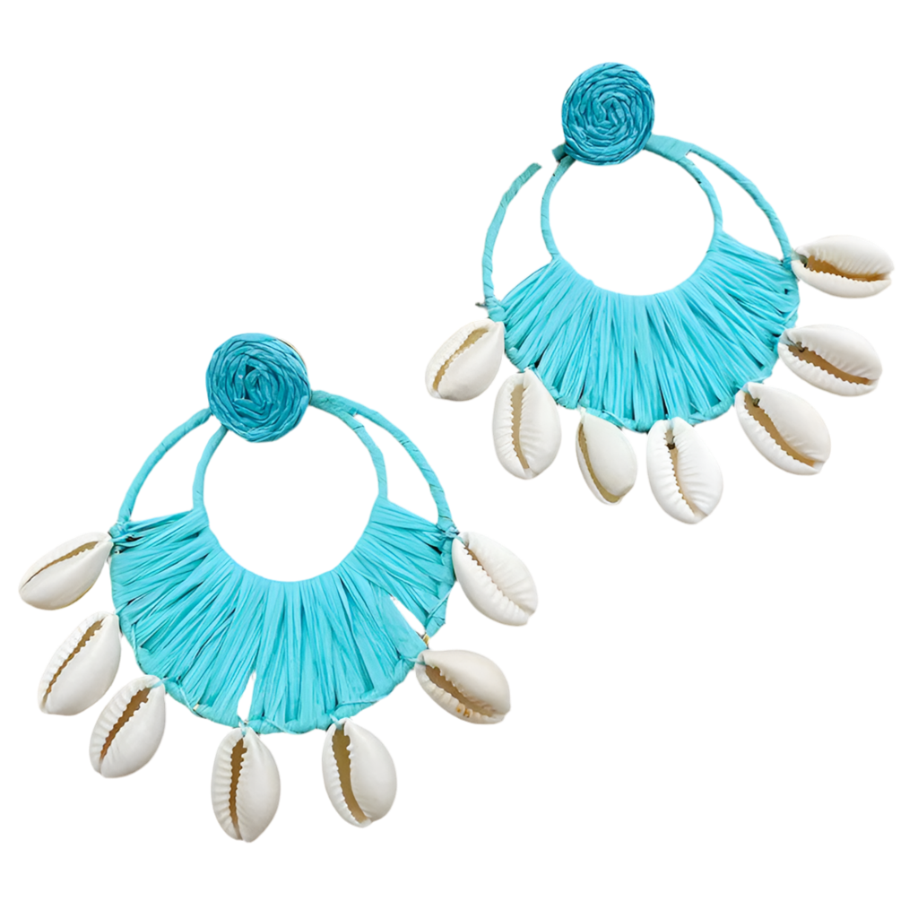 Hemasa Boho Handmade Woven Raffia Shell Drop Earrings /Round Rattan Shell Pendant Dangle Earring For Women /Summer/ Beach