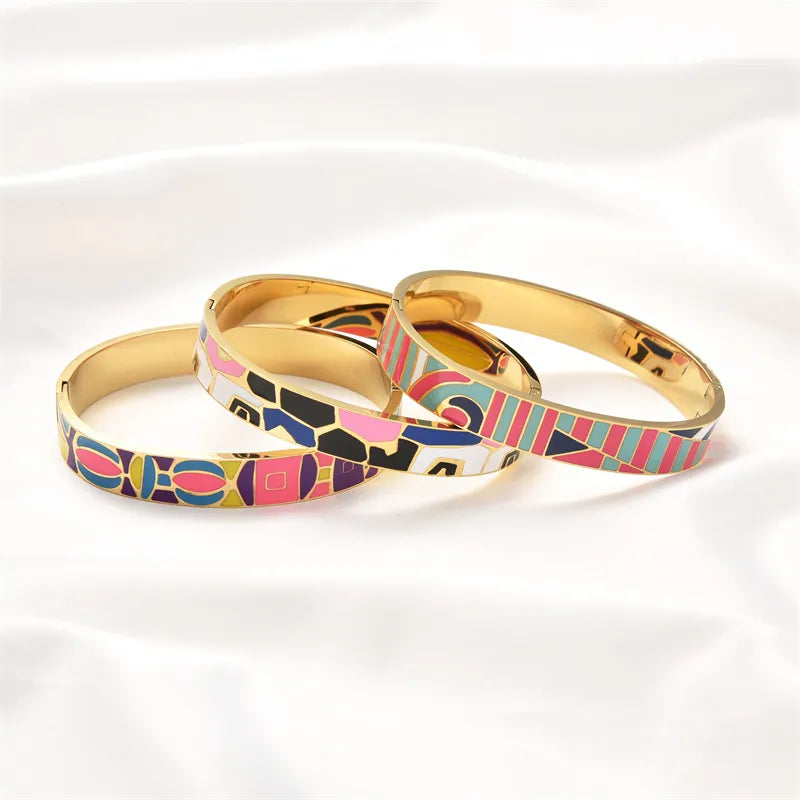 Hemasa  Stainless Steel Open Bangle For Women /Gold Geometric Colorful Enamel Painted Bracelet