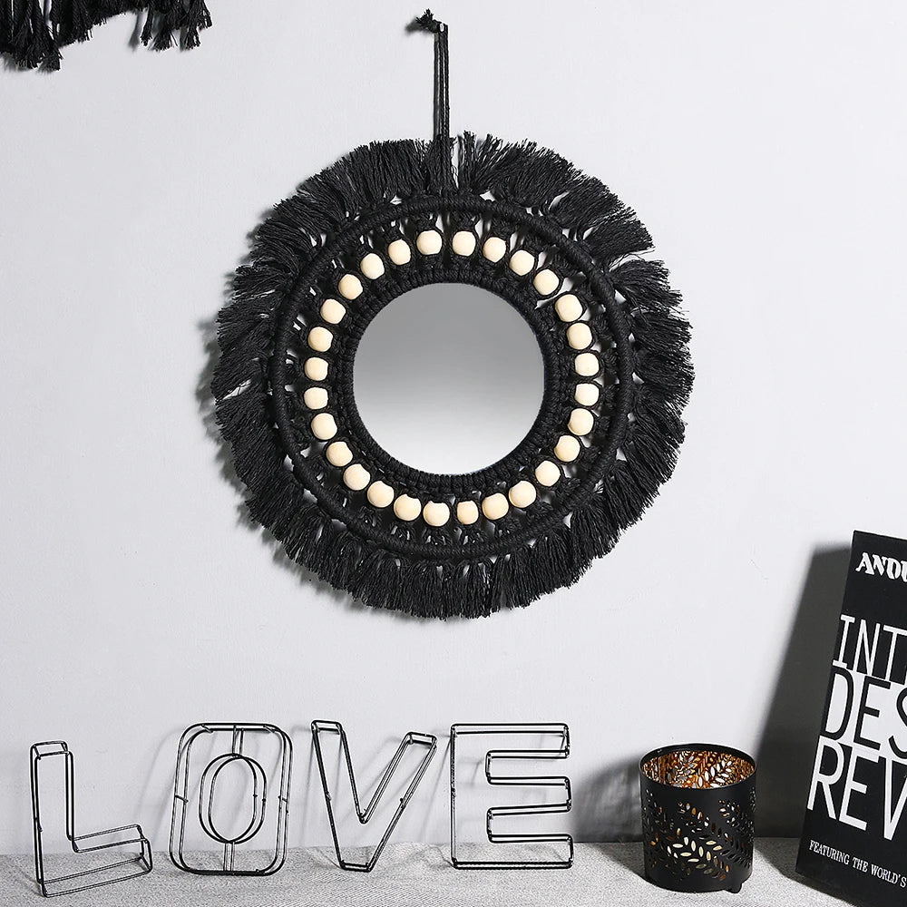 Hemasa Black Macrame Mirror Wooden Beads Round Wall Mirror Boho Home Decoration Aesthetic Room Decor/ For Bedroom/ Living Room