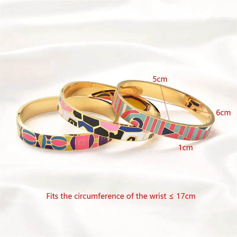 Hemasa  Stainless Steel Open Bangle For Women /Gold Geometric Colorful Enamel Painted Bracelet