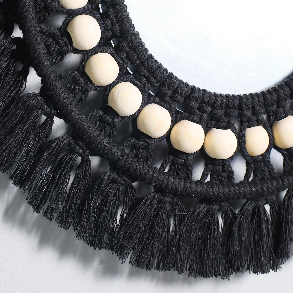 Hemasa Black Macrame Mirror Wooden Beads Round Wall Mirror Boho Home Decoration Aesthetic Room Decor/ For Bedroom/ Living Room