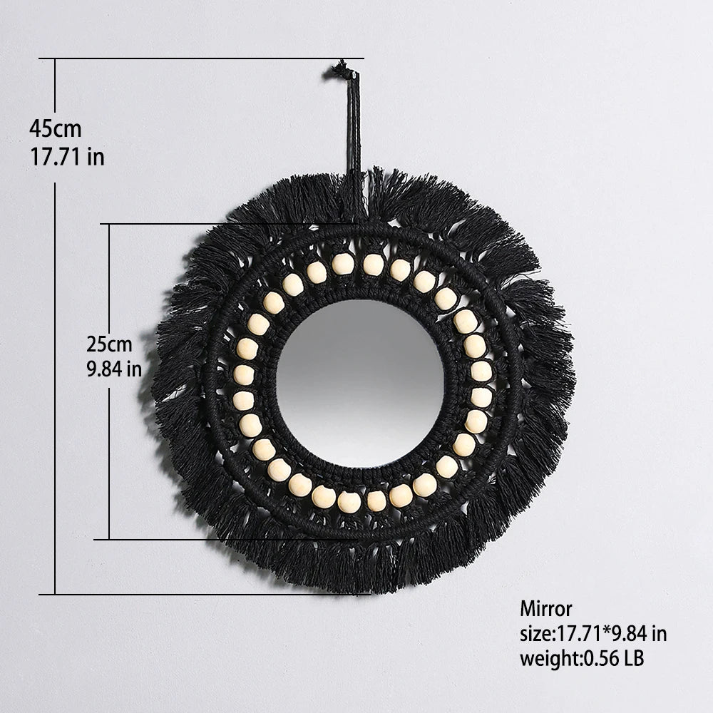Hemasa Black Macrame Mirror Wooden Beads Round Wall Mirror Boho Home Decoration Aesthetic Room Decor/ For Bedroom/ Living Room