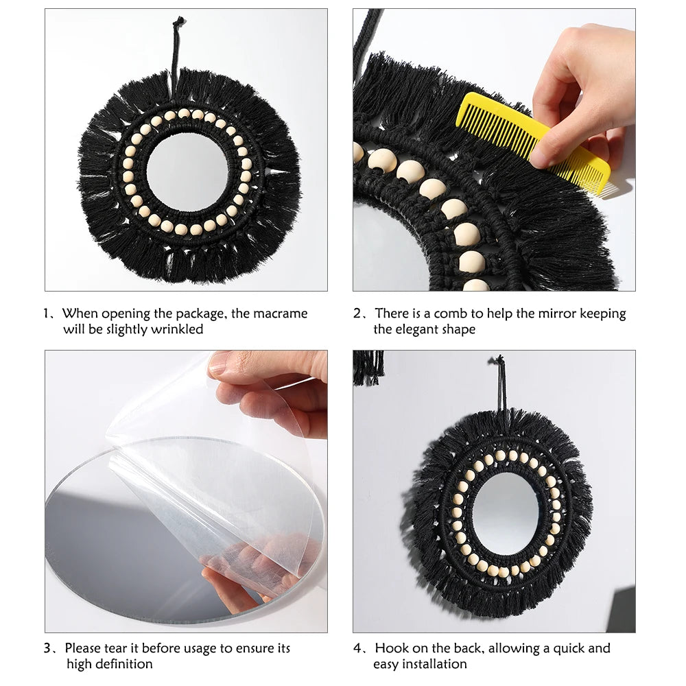 Hemasa Black Macrame Mirror Wooden Beads Round Wall Mirror Boho Home Decoration Aesthetic Room Decor/ For Bedroom/ Living Room