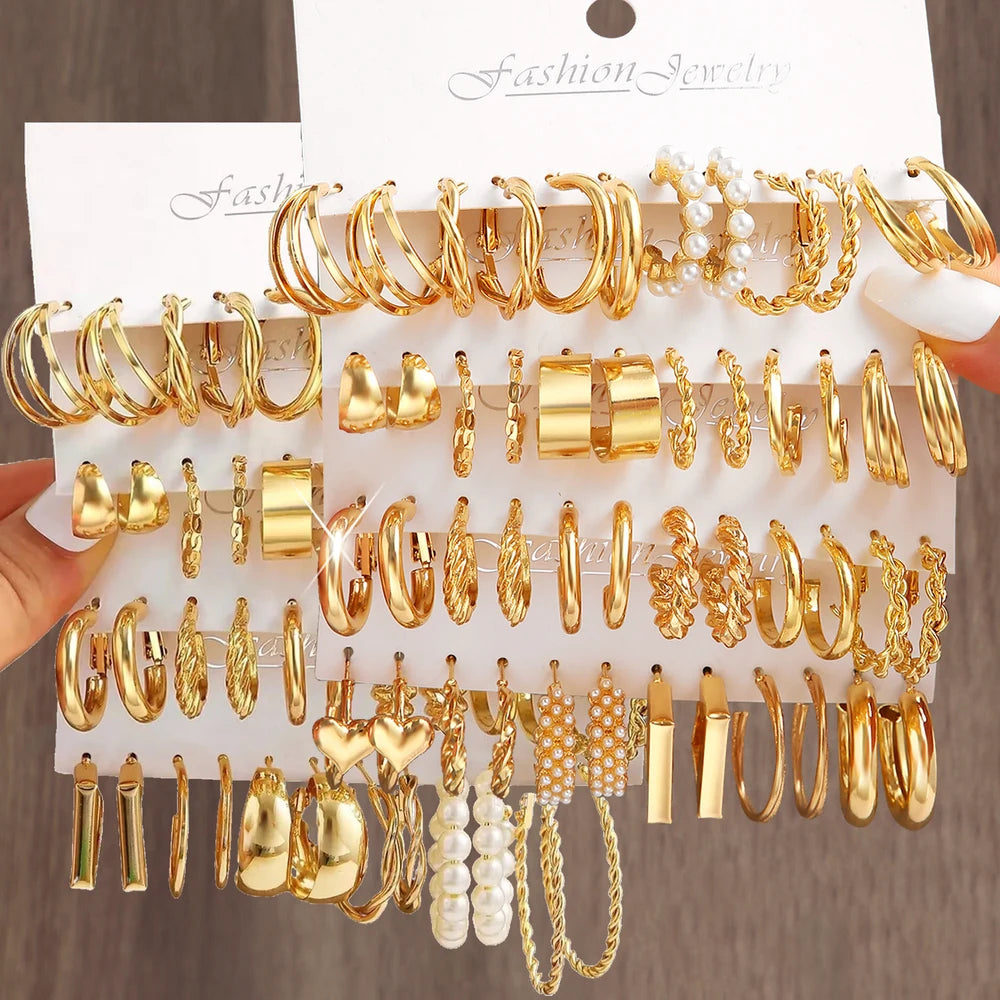 Hemasa 6-24 Pairs Set Gold Plated Metal Faux Pearl Hoop Earrings  for Women