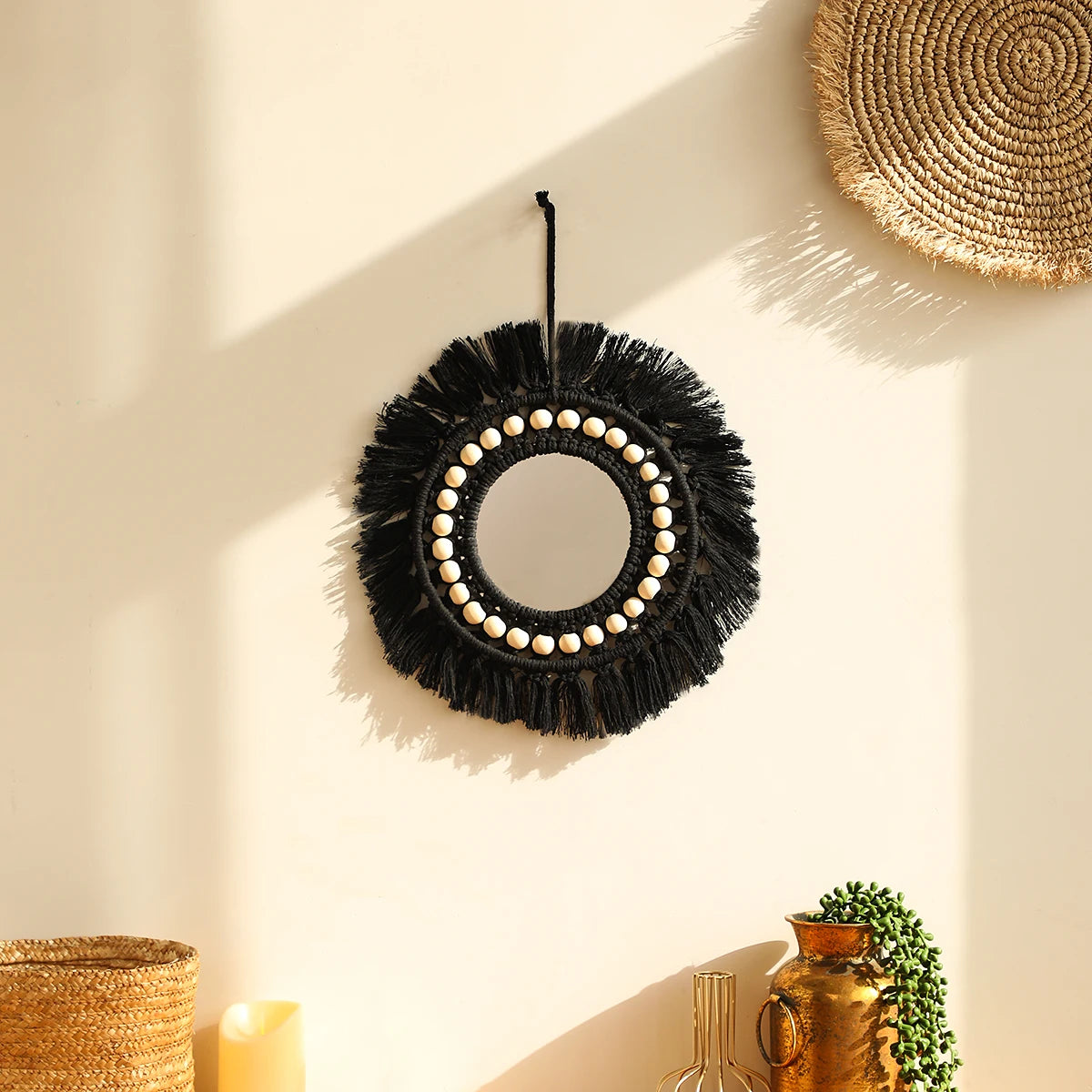 Hemasa Black Macrame Mirror Wooden Beads Round Wall Mirror Boho Home Decoration Aesthetic Room Decor/ For Bedroom/ Living Room