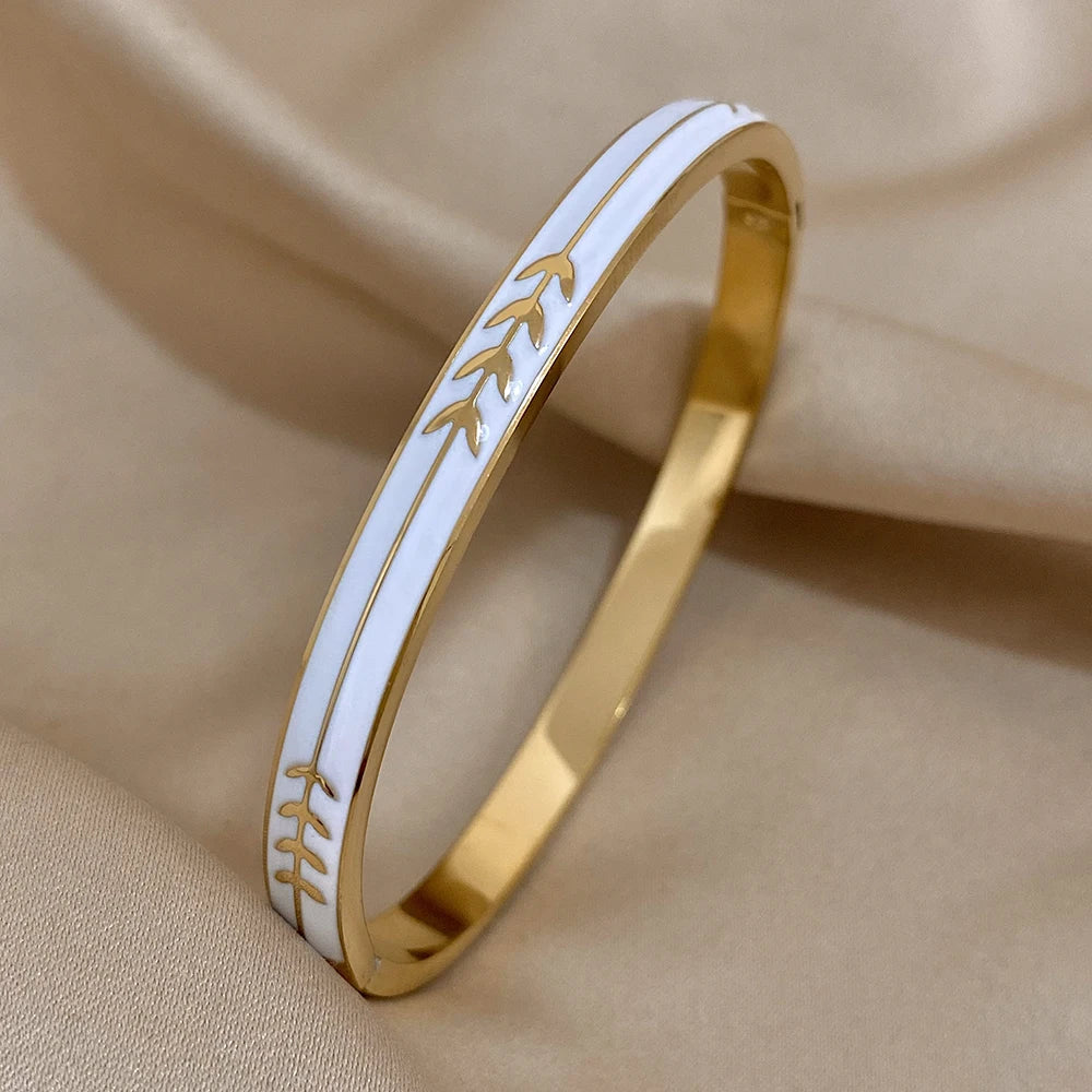 Fashion Enamel Painted Leaf Stainless Steel Bangle Women Vintage Wheat Arrow Ornament Cuff Bracelets Waterproof Golden Wristband