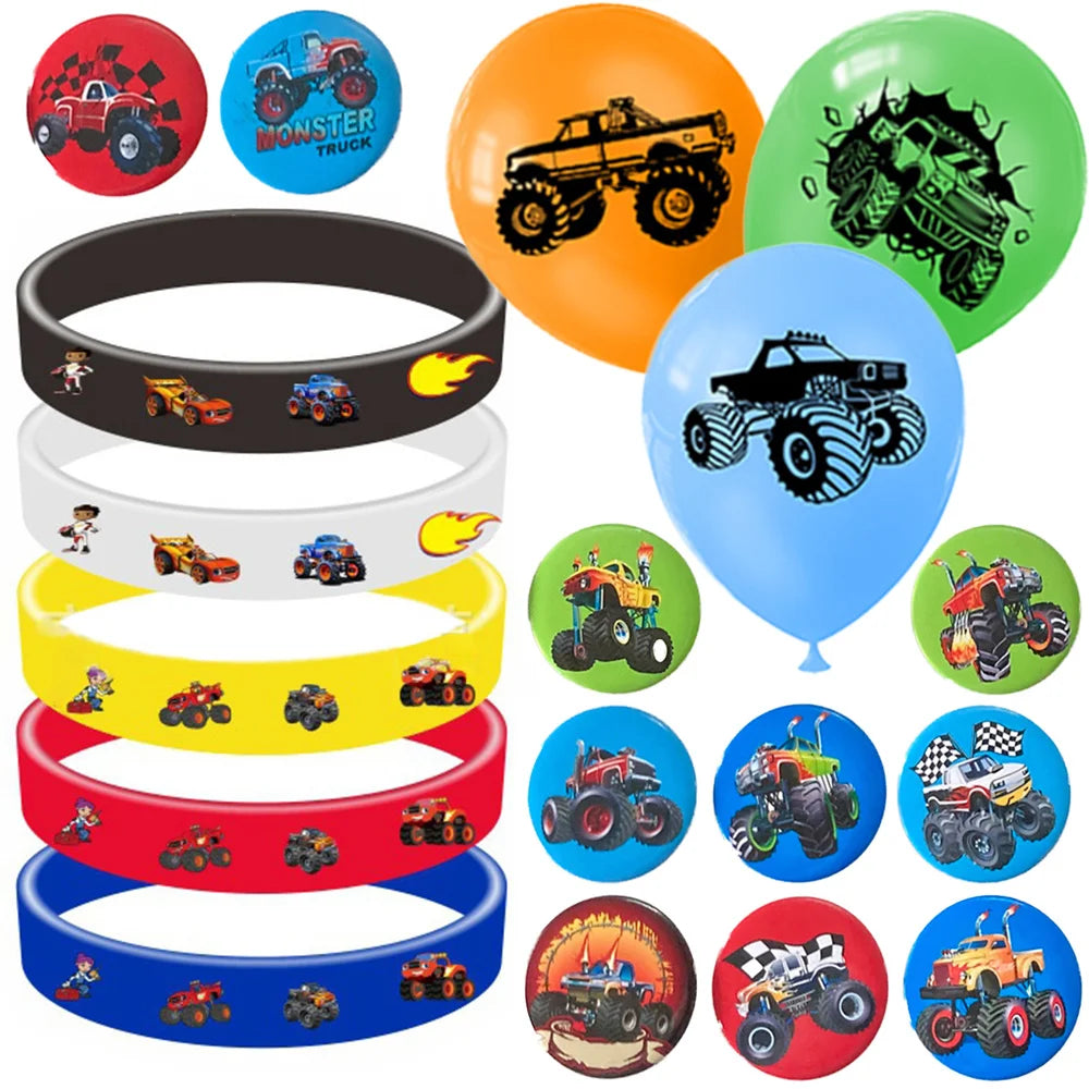 Tejesa Monster Truck Party Decor Wheel Truck Toy Rubber Bracelets Badges Balloon Kids Girls Boys Baby Shower Wedding Birthday Supplies