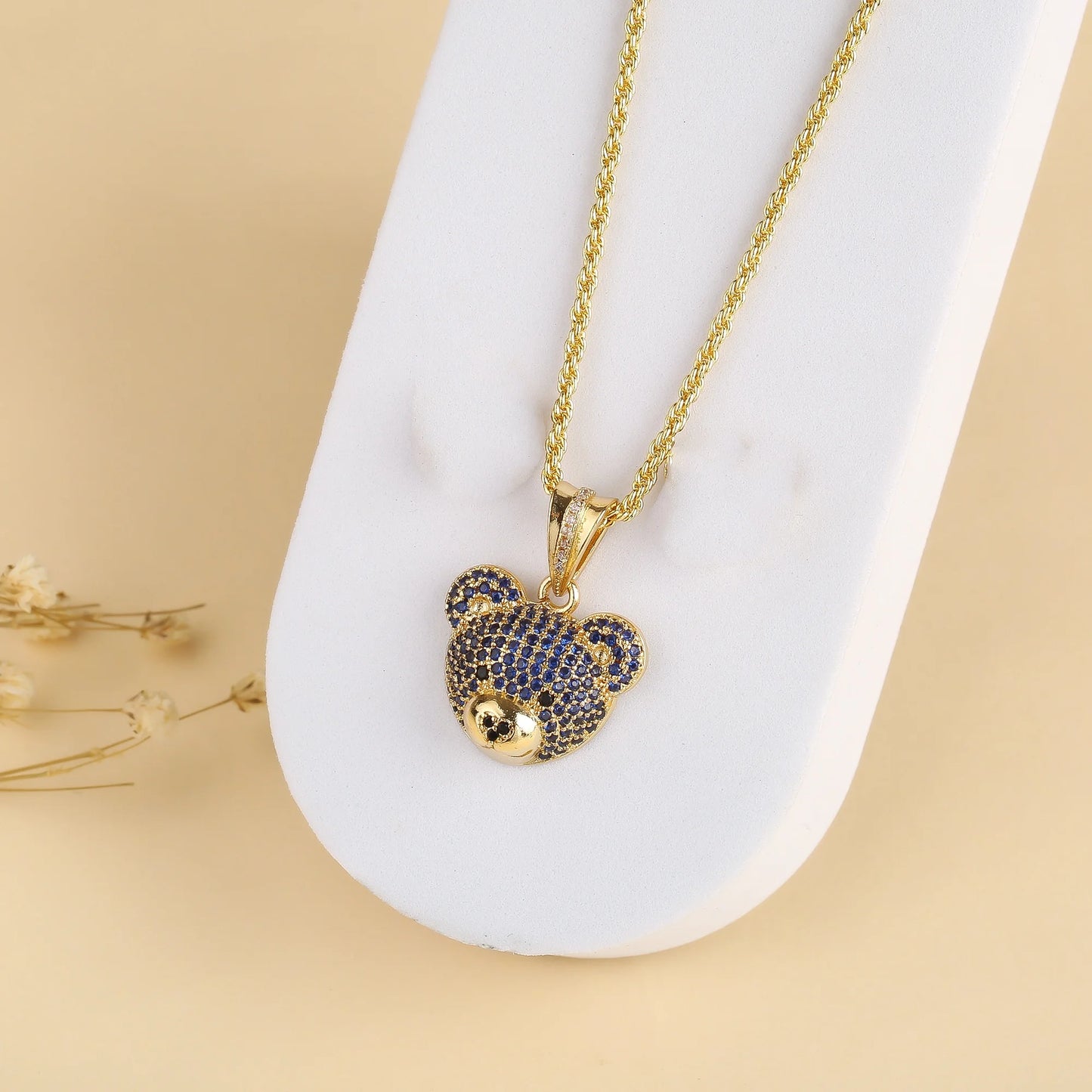 Hemasa  Gold Colour Cubic zirconia bear stud necklace