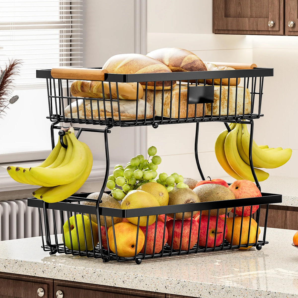2 Tier Carbon Steel Multi-layer Fruit Basket Metal Storage Box Display Rack for Living Room Kitchen Detachable Fruit Basket