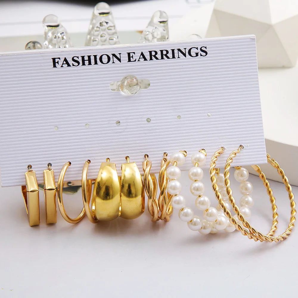 Hemasa 6-24 Pairs Set Gold Plated Metal Faux Pearl Hoop Earrings  for Women