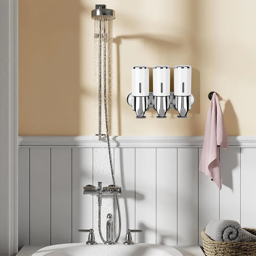 Hemasa Wall Mount Soap Dispenser Bathroom Liquid Soap Dispenser 3 Heads Manual Pressing Home Soap Shampoo Gel Shower Liquid Container