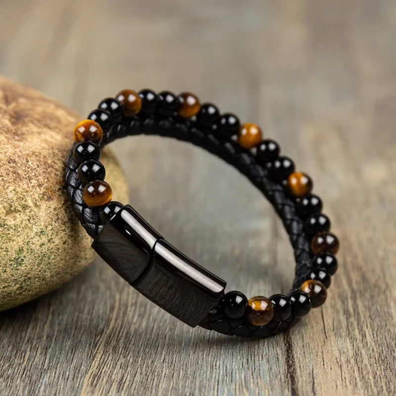 Hemasa Tiger's Eye Bracelet-Black Obsidian Strength Calming Healing Stone Men's Bracelet-Spiritual Protection Balance Meditation Bracel