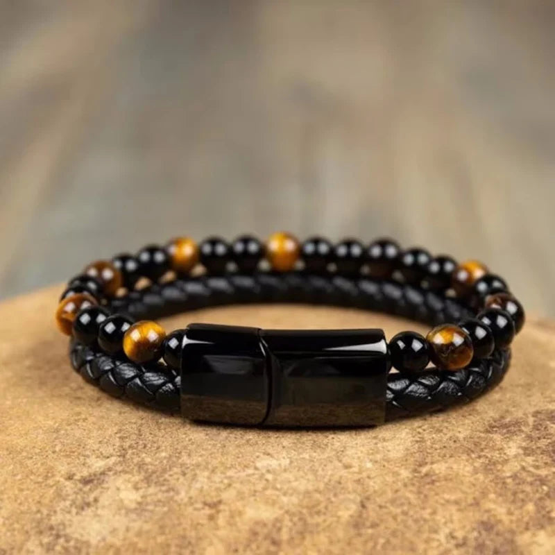 Hemasa Tiger's Eye Bracelet-Black Obsidian Strength Calming Healing Stone Men's Bracelet-Spiritual Protection Balance Meditation Bracel