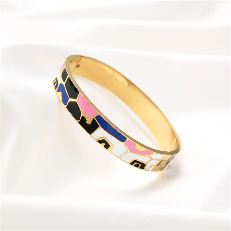 Hemasa  Stainless Steel Open Bangle For Women /Gold Geometric Colorful Enamel Painted Bracelet