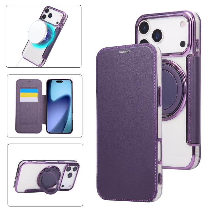 Ultra-thin Rotation Holder Magnetic Plating Vegan Leather Phone Case, For iPhone 18 Pro / 17 Pro, For iPhone 18 Pro Max / 17 Pro Max, For iPhone 17e / 16e, For iPhone 17, For iPhone Air, For iPhone 16 Pro Max