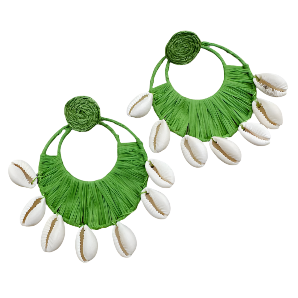Hemasa Boho Handmade Woven Raffia Shell Drop Earrings /Round Rattan Shell Pendant Dangle Earring For Women /Summer/ Beach