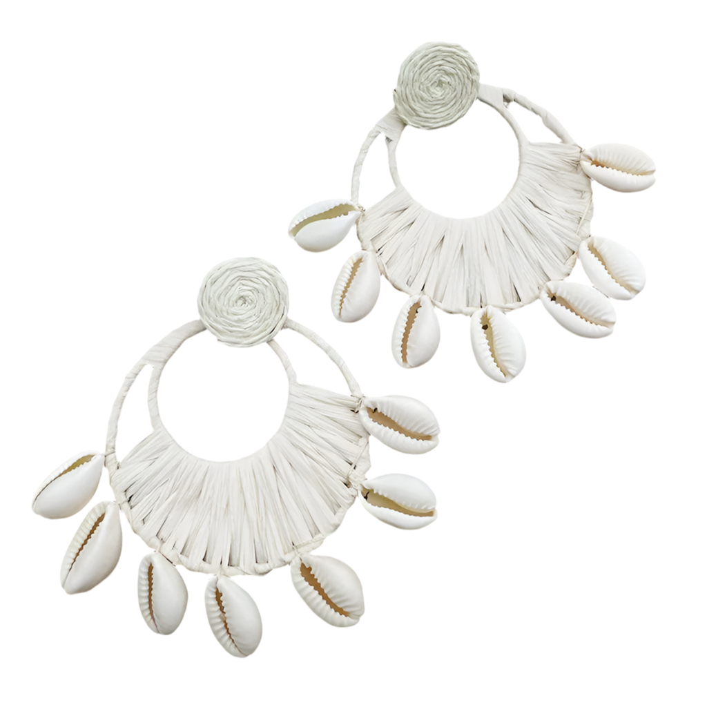 Hemasa Boho Handmade Woven Raffia Shell Drop Earrings /Round Rattan Shell Pendant Dangle Earring For Women /Summer/ Beach