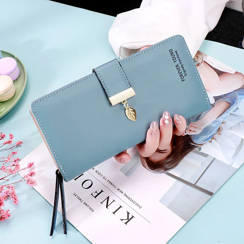 Hemasa Fashion Leaf Pendant Women's Long Wallets Female PU Leather Zipper Coin Purse Hasp Money Clutch Bag Large Capacity Card Holders