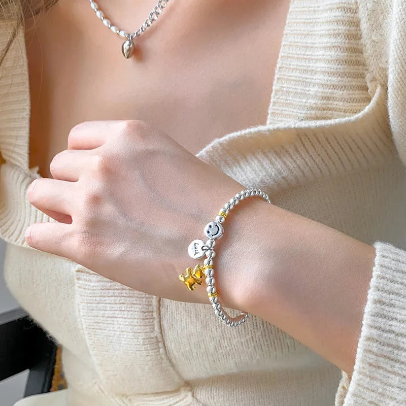 QMCOCO Unique Creative Silver Color Round Pendant Smile Face Bear Round Bead Bracelet Women New Korean Fashion Hand Ornaments