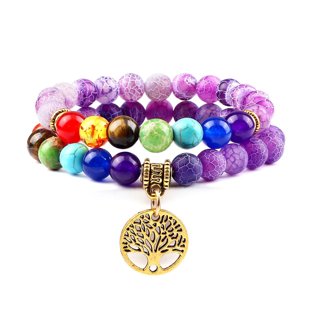 Heamsa 2pcs/set Hot 7 Chakra Beads Bracelets Tree of Life Natural Tiger Eye Stone Black Lava Onyx Balance Bracelet Yoga Bangles Jewelry
