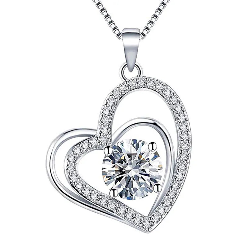 Huitan Bling Bling Princess Heart Pendant Necklace Silver Color Romantic Wedding Engagement Necklaces Trendy Jewelry for Women