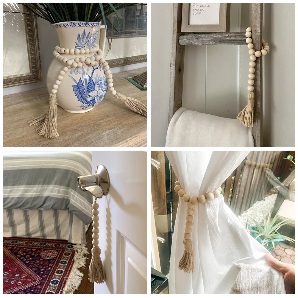 DIY Wooden Home Decoration Handmade Garland With Jute Rustic Tassel Wood Bead Garlands For Rattan Macrame Wall Hanging Boho Gift