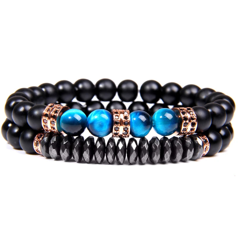 Fashion 2pcs Bead Bracelet Men Natural Tiger Eye Hematite Obsidian Beaded Bracelets Homme Energy Stretch Bracelet Men Jewelry