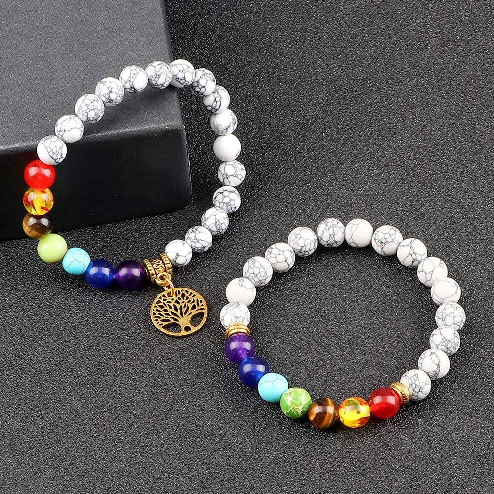 Heamsa 2pcs/set Hot 7 Chakra Beads Bracelets Tree of Life Natural Tiger Eye Stone Black Lava Onyx Balance Bracelet Yoga Bangles Jewelry