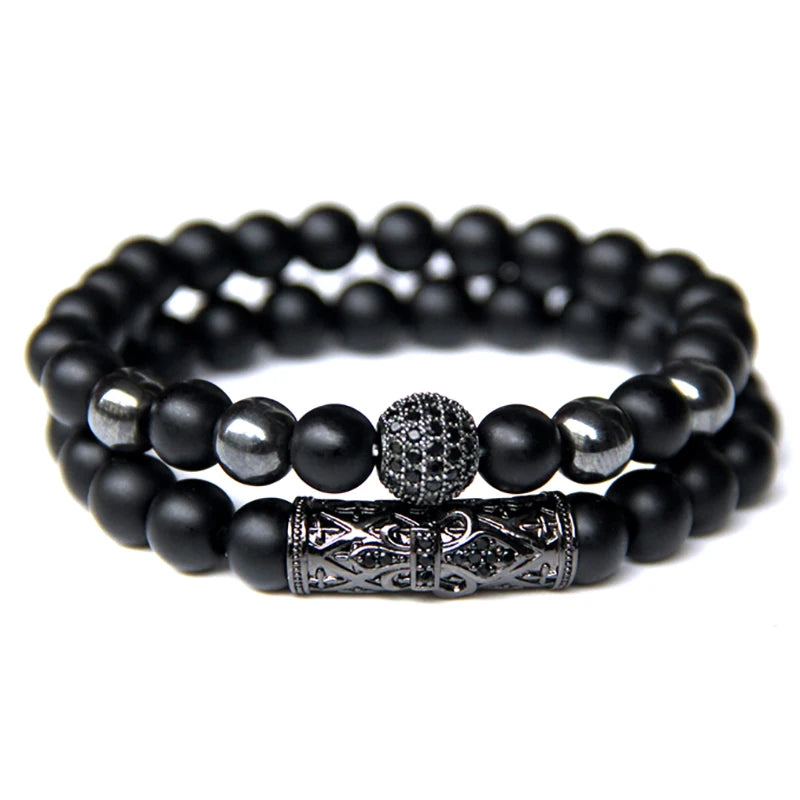 Fashion 2pcs Bead Bracelet Men Natural Tiger Eye Hematite Obsidian Beaded Bracelets Homme Energy Stretch Bracelet Men Jewelry