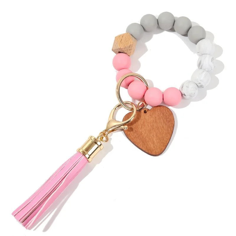 Silicone Keychain For Keys Tassel Wood Beads Bracelet Keyring For Women Accessories Multicolor Keychain Wholesale Hot Sale 2022