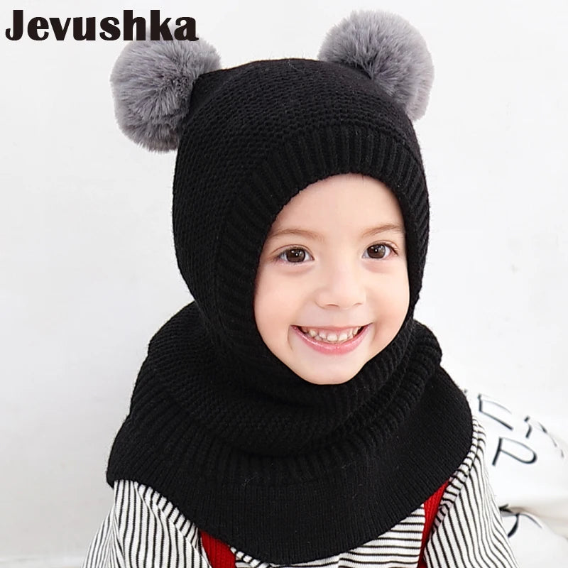 Winter Baby Balaclava Hat PomPom Knit Kids Beanie Hat for Baby Girl and Baby Boy Hat Scarf Double Layer
