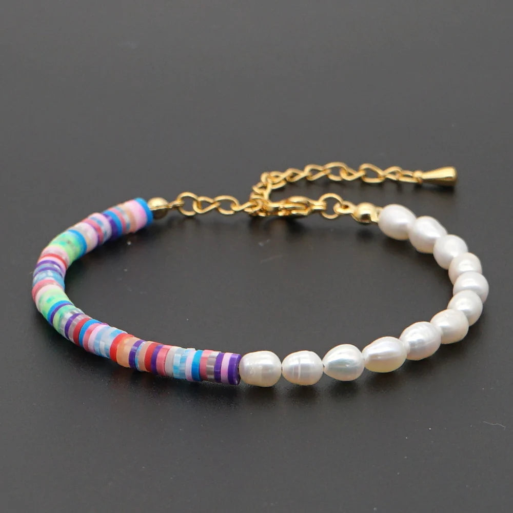 Go2Boho Women Jewelry Polymer Clay Summer Beach Freshwater Baroque Pearl Bracelet Heishi Beads Bracelets Stainless Steel Chain