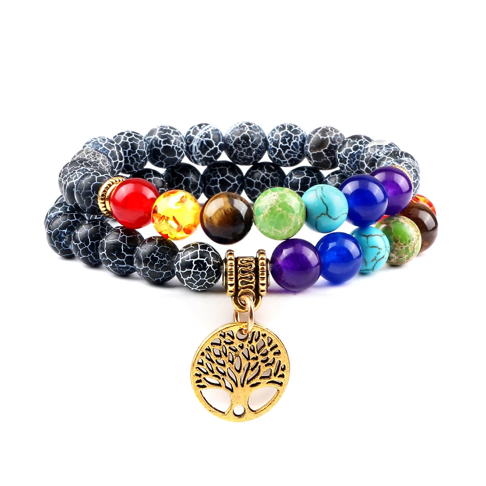 Heamsa 2pcs/set Hot 7 Chakra Beads Bracelets Tree of Life Natural Tiger Eye Stone Black Lava Onyx Balance Bracelet Yoga Bangles Jewelry