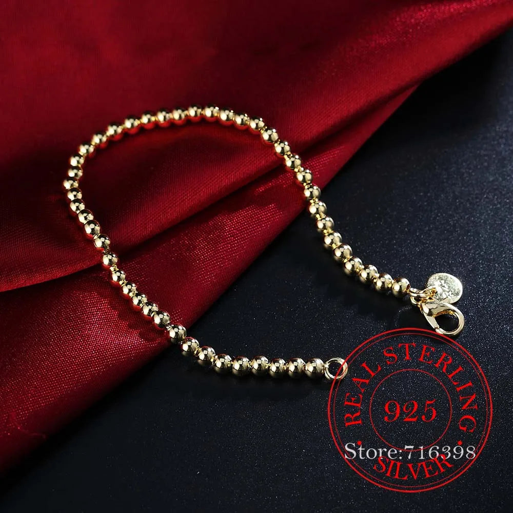 100% Real 925 Sterling silver Bracelet for Women men Homme 4MM Beads Ball Chain Bracelets Bangles Classic Pulsera De Mujer