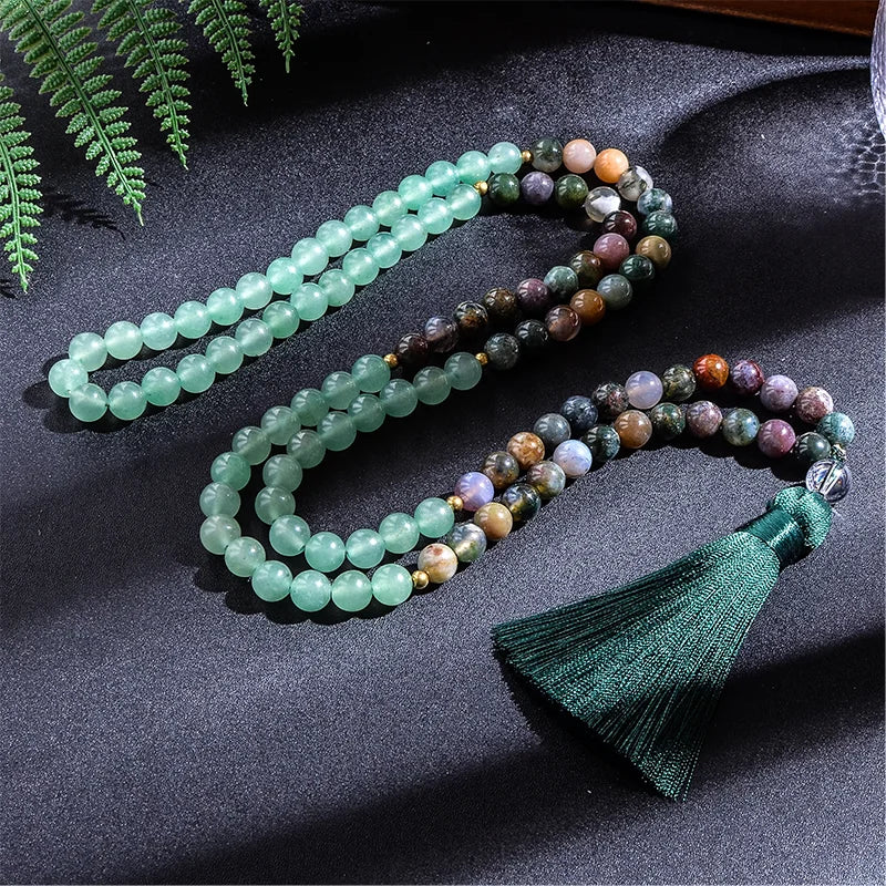 8mm Indian Agate Green Aventurine 108 Beads Japamala Necklace Bracelet Set Meditation Yoga Blessing Men and Women Jewelry