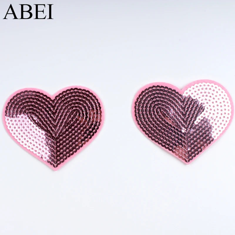 10pcs Embroiderd Big Pink Heart Patches Iron On Sequined Patch Glittle Stickers DIY Fabric Appliques