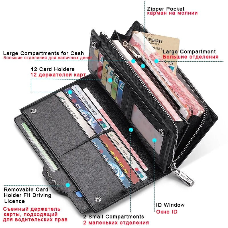 Hemasa Long Wallet Men Clutch Bag With Strap Leather Men's Phone Credit Card Luxury Removable Card Holder Wallet