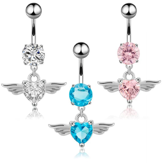 14G Heart Wing Crystal Navel Belly Button Ring Barbell Body Piercing Jewelry