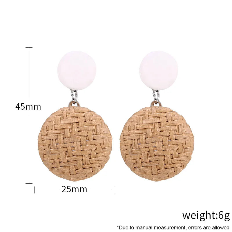 Hemasa 3pairs grass weave vintage ethnic round earrings / bohemian wooden rattan mesh pendant earrings female gift handmade jewelry