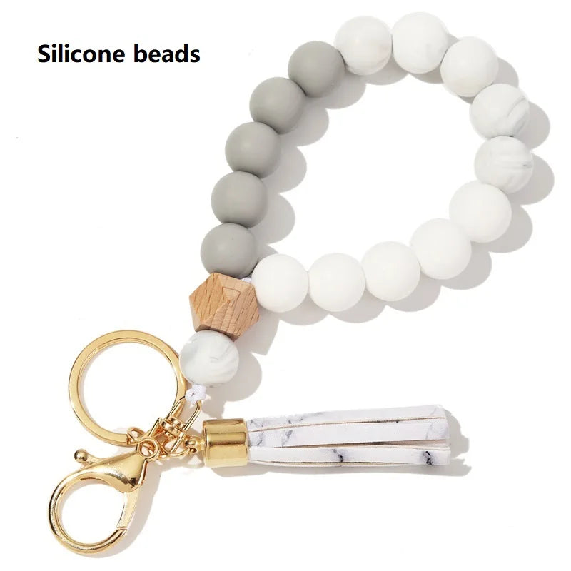Silicone Keychain For Keys Tassel Wood Beads Bracelet Keyring For Women Multicolor Beads Keychain Fashion Keychain Wholesale