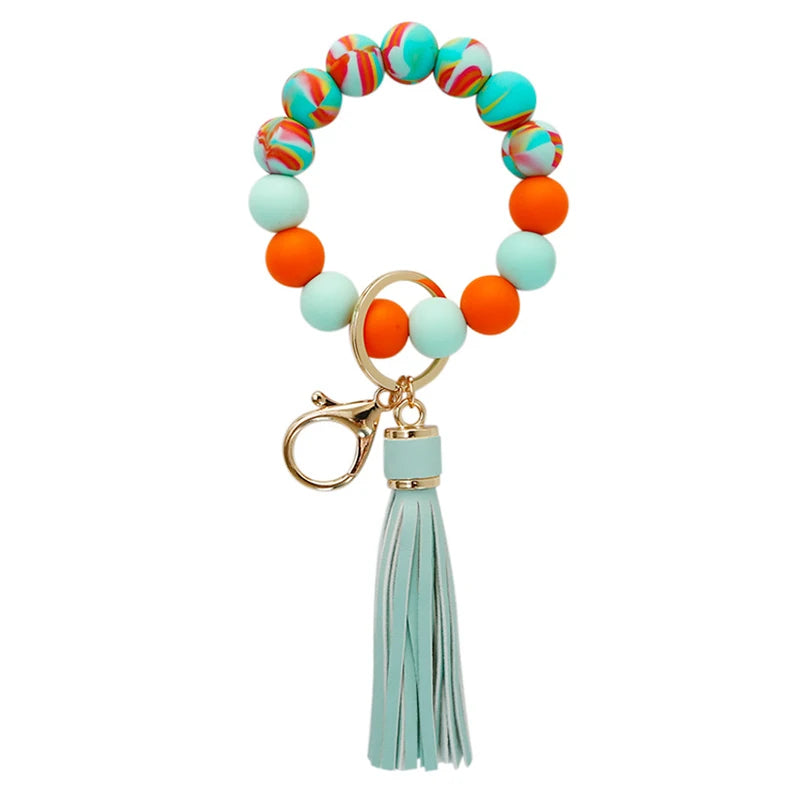 Silicone Keychain with Safe Card Picker Rainbow Color Silicone Beads Women Keyrings Barcelet Fashion Keychains For Keys Bag Car