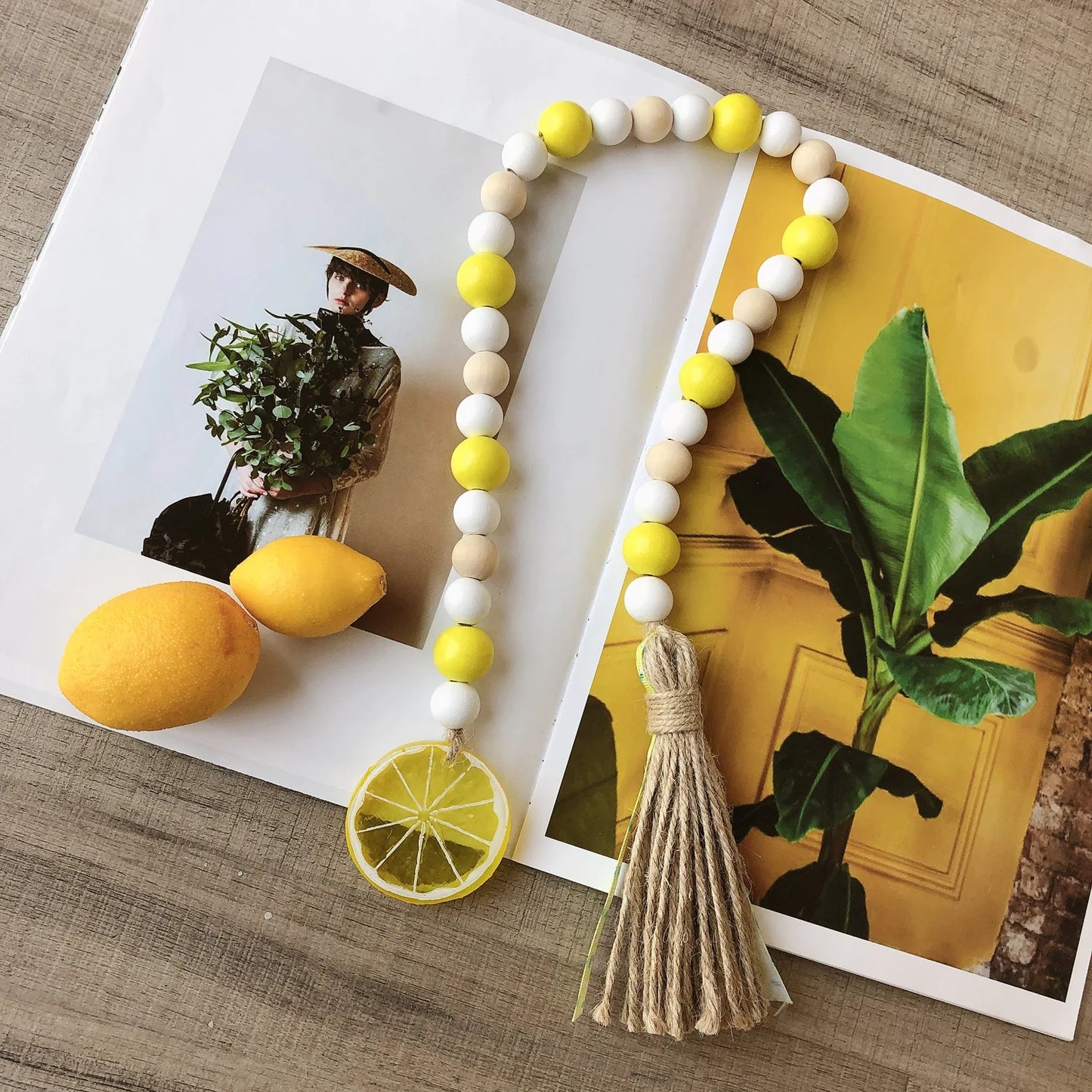 Wood Bead Garland With Lemon Pendant Farmhouse Rustic Country Wall Decoration Boho Tassel Woven Tassel Wall Hanging Ornaments