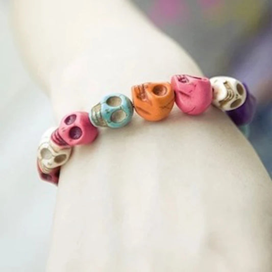Natural Stone Men Women Skull Elastic Bracelet Lava Beads Tiger Eye Bangle