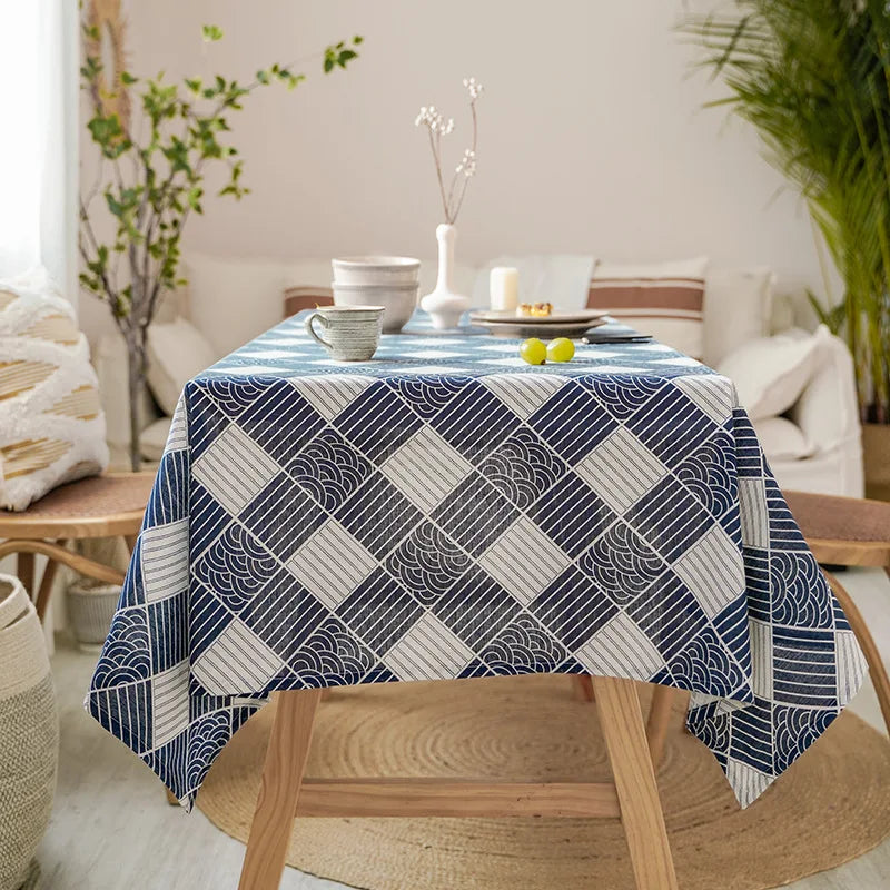 Tejesa  Linen Rectangular Blue Sea Ripple Home Coffee Dining Table Fireplace Microwave Table Cloth Cover