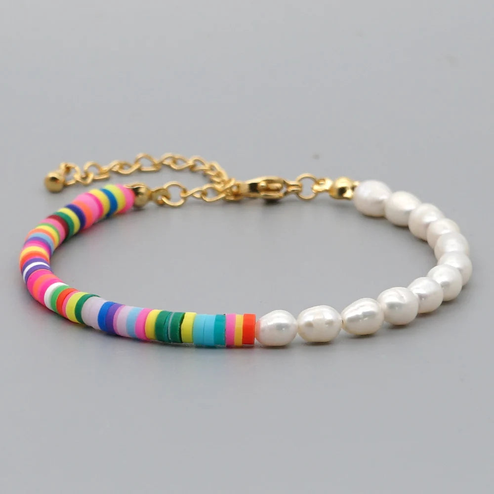 Go2Boho Women Jewelry Polymer Clay Summer Beach Freshwater Baroque Pearl Bracelet Heishi Beads Bracelets Stainless Steel Chain