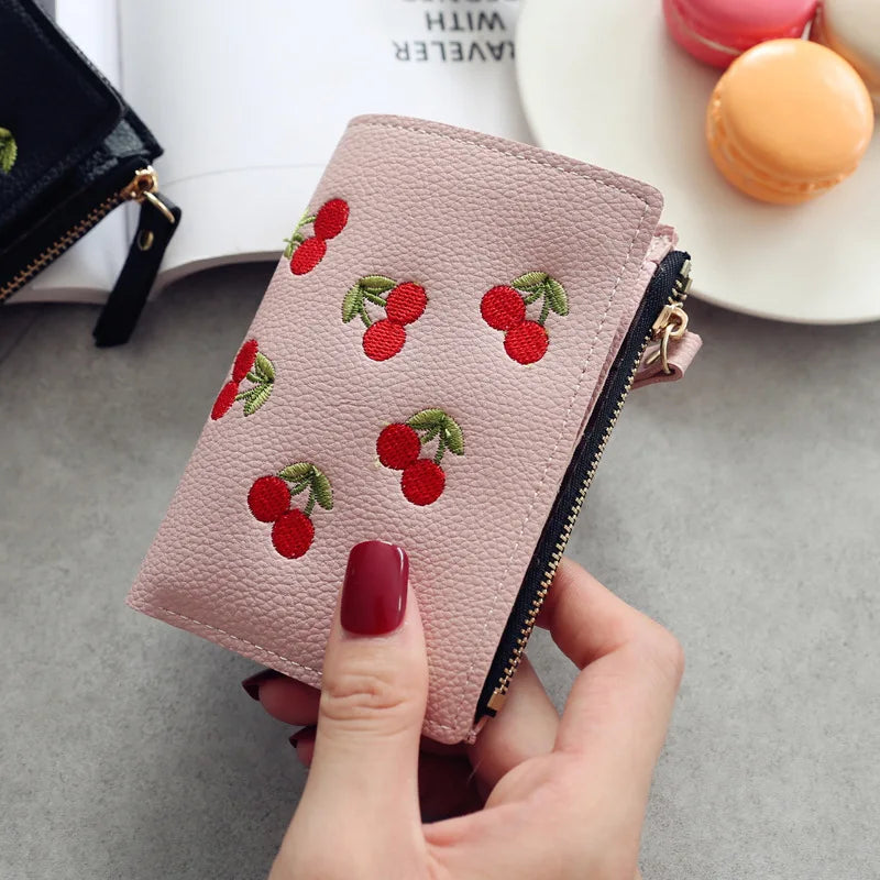 Hemasa New Cherry Fruit  Embroidery Women Purse Wallets Fashion Simple Students Wallet Small PU Leather Wallet Mini Card Holder Bags